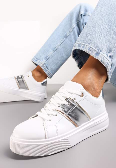 Biało-Srebrne Sneakersy na Niskiej Platformie z Metalicznymi Wstawkami Tommu