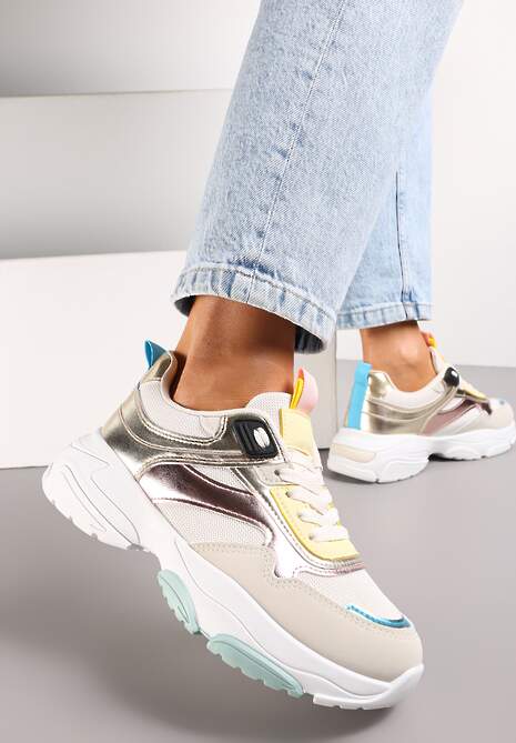 Biało-Złote Sneakersy z Metalicznymi Wstawkami na Grubej Podeszwie Tahara