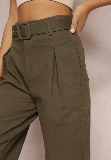 Ciemnozielone Jeansy Mom Fit z Paskiem Alemothee 5