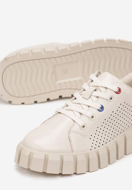 Beżowe Skórzane Sneakersy na Traktorowej Podeszwie z Perforacją Nokkatu 5