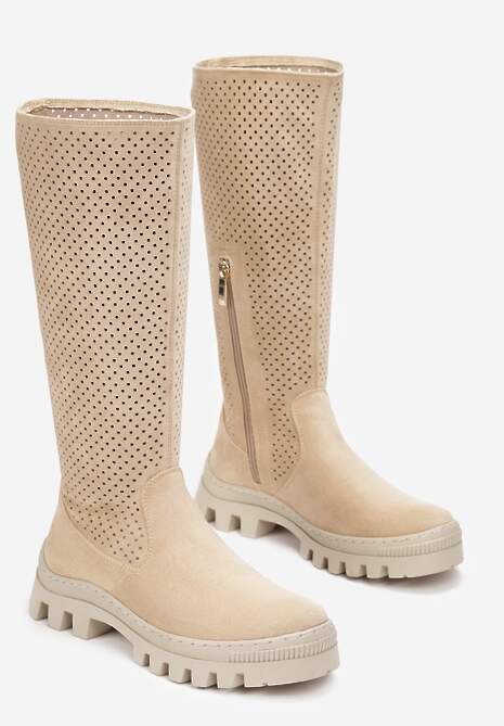 Beżowe Kozaki do Kolana z Perforacją i Wkładką ze Skóry Naturalnej Tenze 4