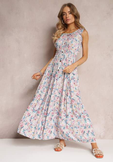 Jasnoniebieska Sukienka Maxi w Kwiaty z Gumką w Talii Vivienis
