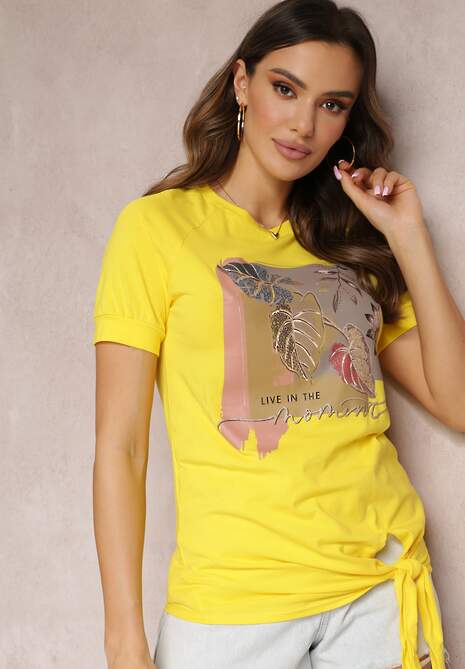 Żółty Bawełniany T-shirt z Dekoracyjnym Wiązaniem i Nadrukiem Terrisa 4