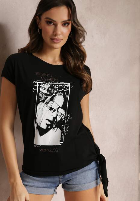 Czarny Bawełniany T-shirt z Ozdonym Nadrukiem i Wiązaniem Koloma
