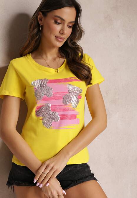 Żółty T-shirt z Nadrukiem Ozdobionym Cekinami i Brokatem Xamos