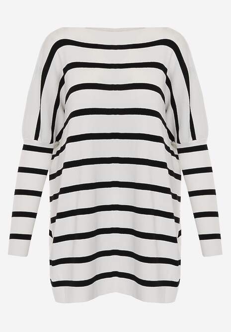 Biały Oversizowy Sweter z Rękawami o Fasonie Nietoperz i Wzorem w Paski Eistauma 6