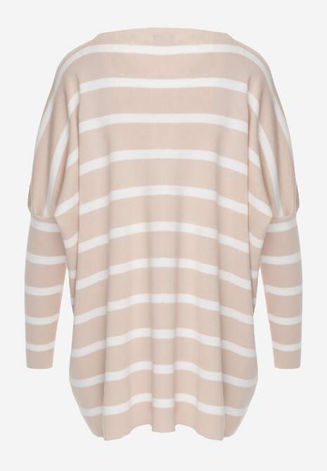 Beżowy Oversizowy Sweter z Rękawami o Fasonie Nietoperz i Wzorem w Paski Eistauma 7