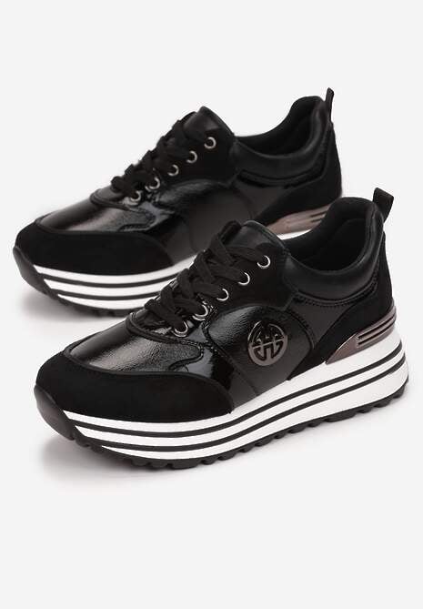 Czarne Sneakersy na Ozdobnej Podeszwie i Wkładką ze Skóry Naturalnej Agiri 4