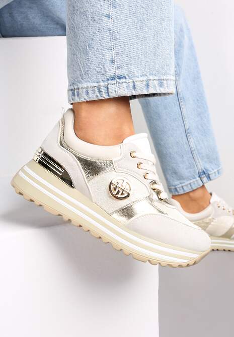 Złote Sneakersy na Ozdobnej Podeszwie i Wkładką ze Skóry Naturalnej Agiri