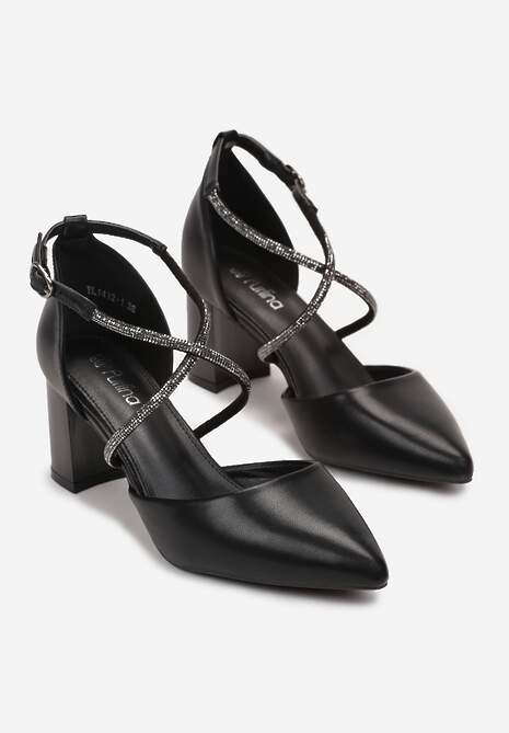 Botine negre cu toc gros barete cu zirconiu și vârf ascuțit Jarise 4