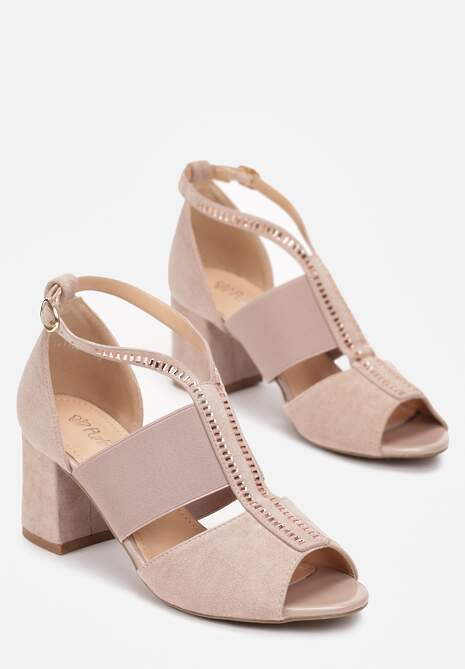 Sandale bej Keile Peep Toe cu o curea decorativă cu zirconiu 5