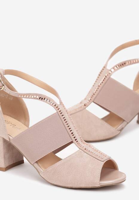 Sandale bej Keile Peep Toe cu o curea decorativă cu zirconiu 6
