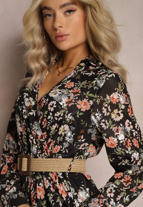 Rochie Neagră Maxi cu Curea Împletită și Elastic în Talie cu Flori Elanisa 5