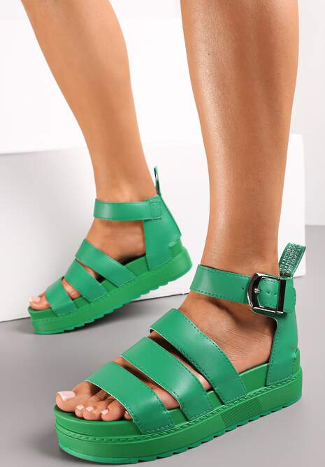Zielone Sandały Rzymianki z Szeroką Sprzączką i Platformą Gisse