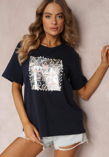 Granatowy T-shirt Bawełniany z Krótkim Rękawem i Nadrukiem Anaia