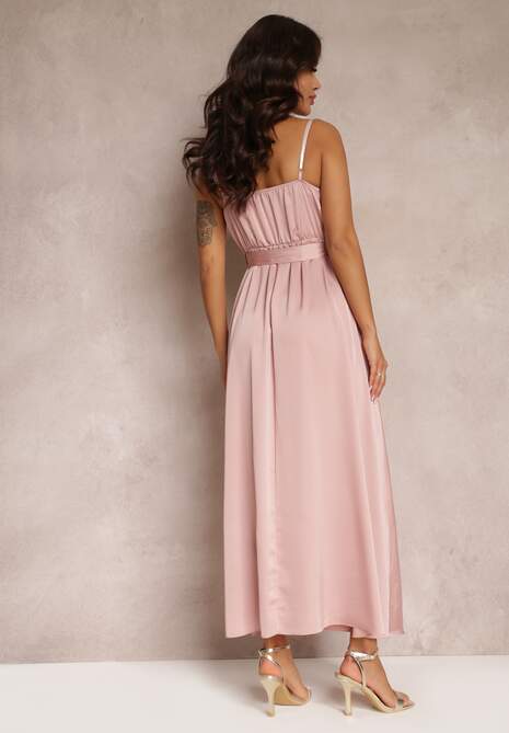 Jasnoróżowa Koktajlowa Sukienka z Gumką w Pasie na Regulowanych Ramiączkach Anajane 6