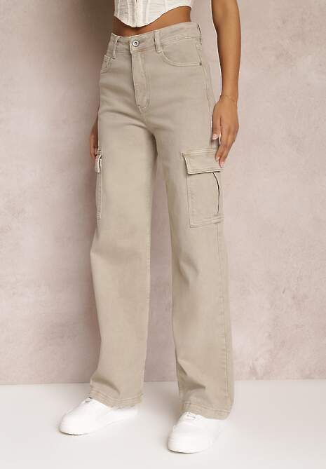 Beżowe Jeansy Cargo High Waist z Kieszeniami Anora 4