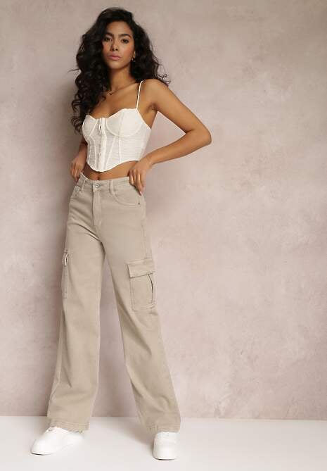 Beżowe Jeansy Cargo High Waist z Kieszeniami Anora