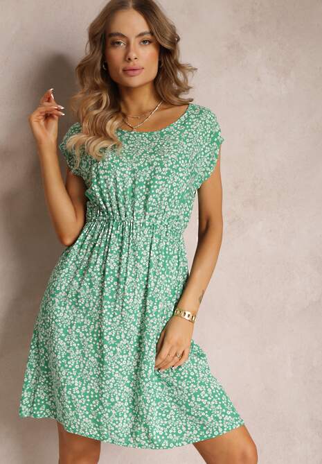 Zielona Sukienka Mini z Gumką w Talii z Wiskozy w Kwiaty Namiawa