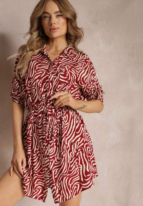 Rochie Mini Bordeaux cu Guler și Curea din Material Renia