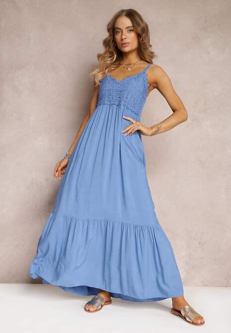 Niebieska Rozkloszowana Sukienka Maxi na Cienkich Ramiączkach z Ażurową Górą Batri
