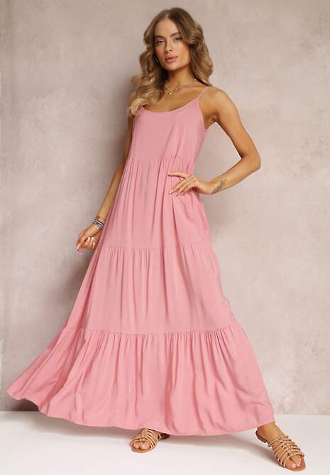 Różowa Sukienka Maxi z Wiskozy na Ramiączkach Avaja