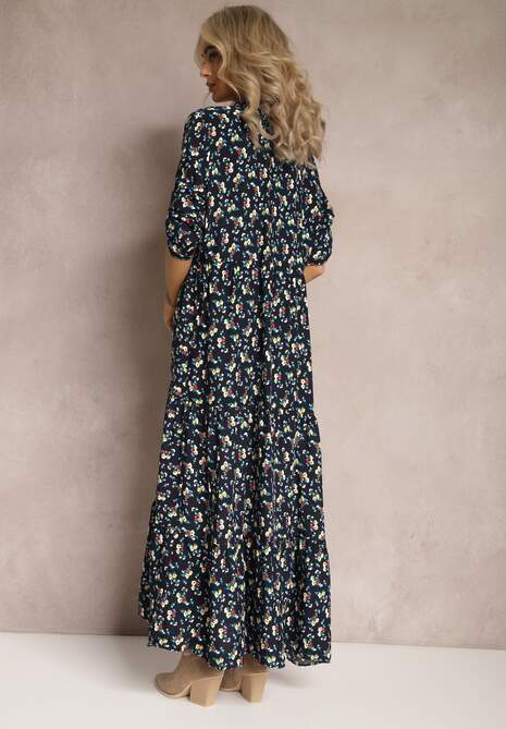 Granatowa Rozkloszowana Sukienka w Kwiaty Bawełniana Leatria 4