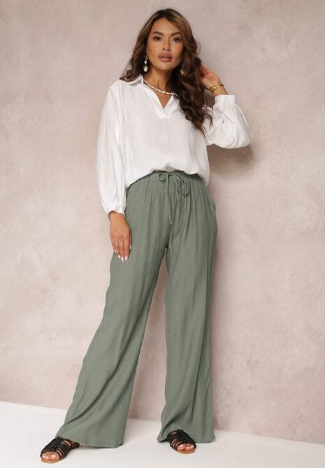 Pantaloni Verde Inchis din Material cu Elastic Creponat Pimpernel 4