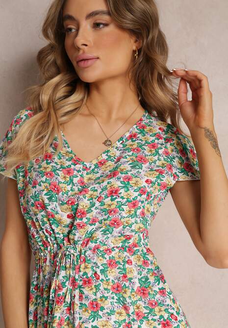 Rochie mini alb-verde cu flori din viscoză cu mânecă scurtă Ayela 5