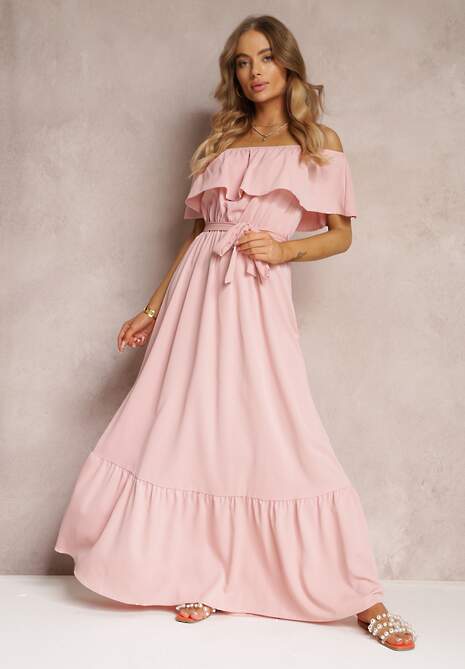 Różowa Sukienka Hiszpanka Maxi z Falbanką i Wiązanym Paskiem Eirerria