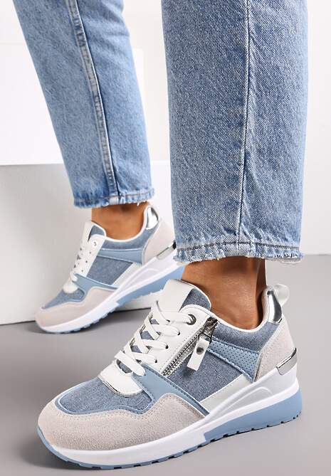 Niebieskie Sznurowane Sneakersy na Koturnie z Modnymi Przeszyciami i Suwakami Grisha