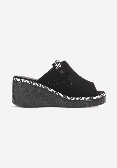 Czarne Klapki na Koturnie z Perforacją i Otwartym Noskiem Averle 4