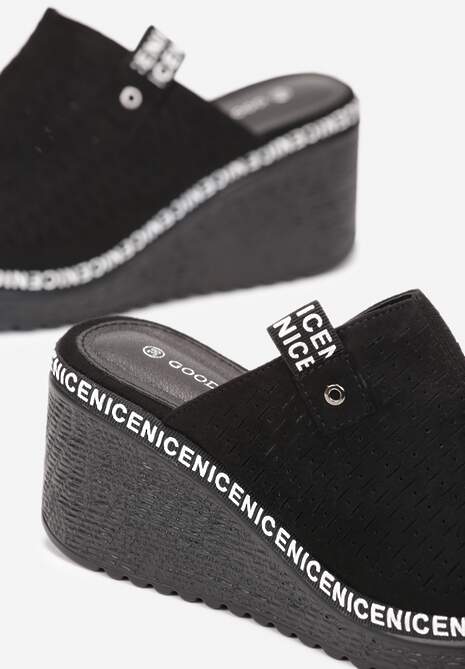 Czarne Klapki na Koturnie z Perforacją i Otwartym Noskiem Averle 6