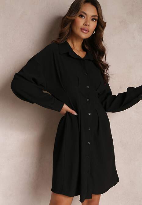 Czarna Koszulowa Sukienka Mini z Taliowanymi Zakładkami Vilette