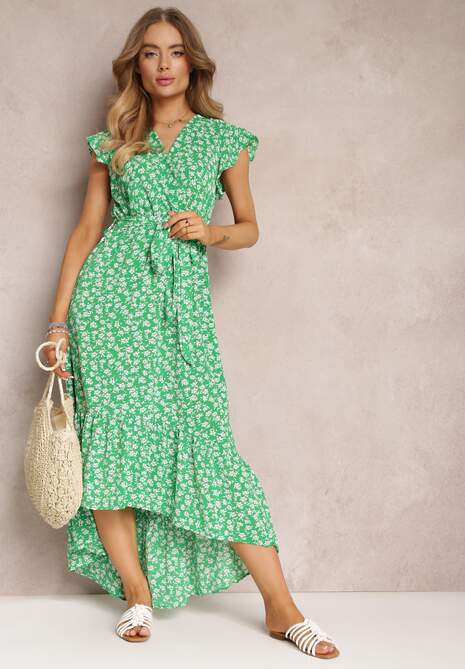 Zielona Asymetryczna Sukienka Midi w Kwiaty z Falbanką Narexis