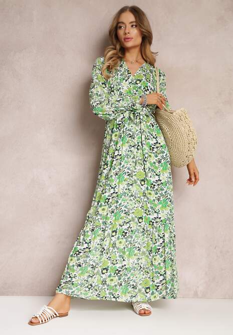Zielona Wiskozowa Sukienka Maxi w Kwiaty z Gumką w Pasie i Kopertowym Dekoltem Elinne