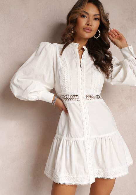 Biała Sukienka z Bawełny z Gumkami w Talii i Falbanką Sejala
