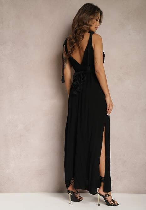 Czarny Kombinezon bez Rękawów z Gumką w Talii z Wiskozy i Lnu Nehir