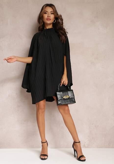 Czarna Plisowana Sukienka Mini z Długim Rękawem Sarani
