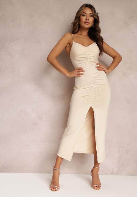 Beżowa Sukienka Dopasowana z Wycięciem i Marszczeniem Viollette 5
