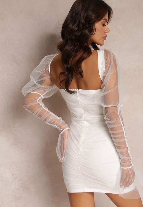 Biała Dopasowana Sukienka z Siateczki i Marszczeniem Myajane 6