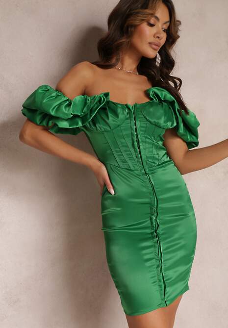 Zielona Dopasowana Sukienka Satynowa z Bufiastym Rękawem Clarimond