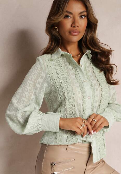 Miętowa Koszula z Tkaniny Plumeti Zdobiona Metaliczną Nitką i Koronką Mulliner