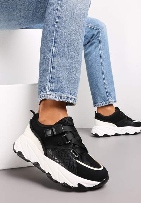 Czarne Sneakersy na Grubej Podeszwie na Zatrzask Analline