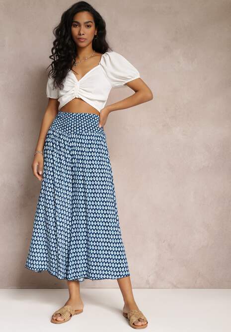 Bleumarin-Albastru Închis Pantaloni Largi din Vâscoză cu Elastic în Talie Mellody 5