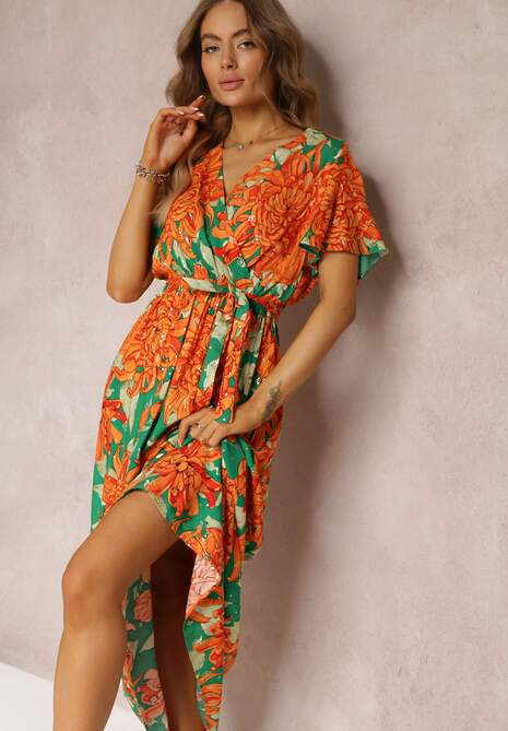 Zielono-Pomarańczowa Wiskozowa Sukienka Maxi z Kopertowym Dekoltem z Gumką w Talii Lynette