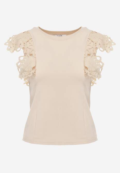 Jasnobeżowy Top z Bawełny z Ozdobną Koronką  Adexis 6