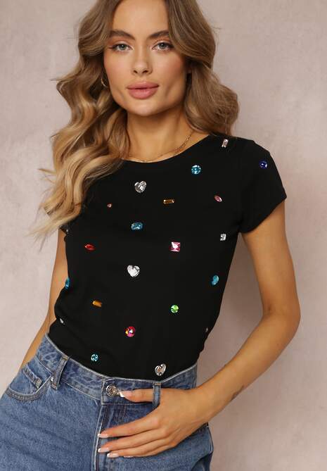 Czarny Dopasowany T-shirt Bawełniany z Kolorowymi Cyrkoniami Faiandil