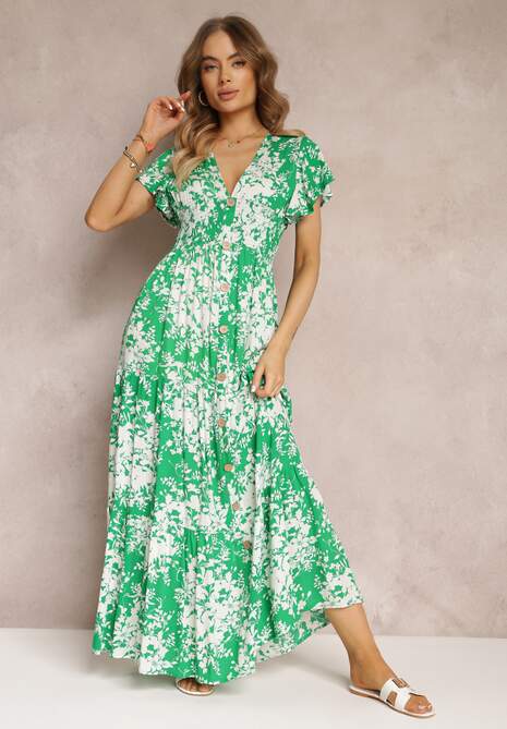 Zielona Kwiecista Sukienka Maxi z Gumką w Pasie i Krótkimi Rękawami Eudotria