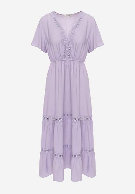 Fioletowa Rozkloszowana Sukienka Maxi z Gumką w Talii i Koronkowym Dekoltem Cheteia 6